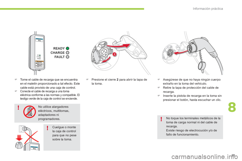 CITROEN C-ZERO 2012  Manuales de Empleo (in Spanish) 8
!
!
!
Información práctica
81
  No toque los terminales metálicos de la 
toma de carga normal ni del cable de 
recarga.  
Existe riesgo de electrocución y/o de 
fallo de funcionamiento.     
 
�