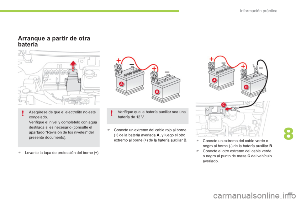 CITROEN C-ZERO 2012  Manuales de Empleo (in Spanish) 8
!!
Información práctica
87
   
 
�) 
  Levante la tapa de protección del borne (+).     
 
 
�) 
  Conecte un extremo del cable rojo al borne 
(+) de la batería averiada  A 
 
, 
 y luego el otr