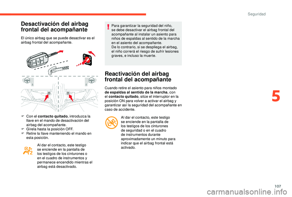 CITROEN C3 AIRCROSS 2019  Manuales de Empleo (in Spanish) 107
Desactivación del airbag 
frontal del acompañante
El único airbag que se puede desactivar es el 
airbag frontal del acompañante.
F 
C
 on el contacto quitado , introduzca la 
llave en el mando