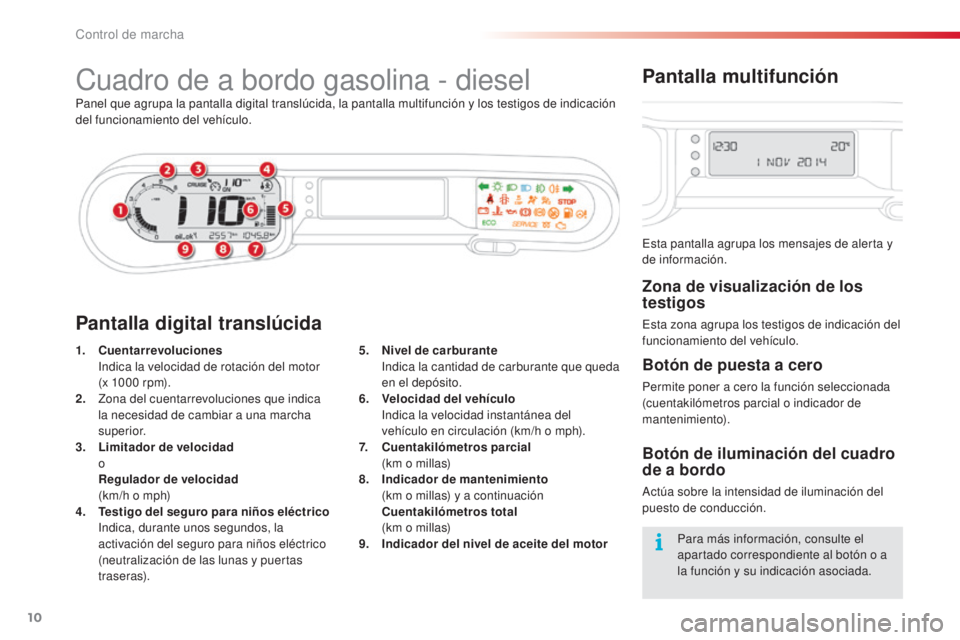 CITROEN C3 PICASSO 2015 Manuales de Empleo (in Spanish) 10
C3Picasso_es_Chap01_controle-de-marche_ed01-2014
Cuadro de a bordo gasolina - diesel
Panel que agrupa la pantalla digital translúcida, la pantalla multifunción y los testigos de indicación
del CITROEN C3 PICASSO 2015 Manuales de Empleo (in Spanish) 10
C3Picasso_es_Chap01_controle-de-marche_ed01-2014
Cuadro de a bordo gasolina - diesel
Panel que agrupa la pantalla digital translúcida, la pantalla multifunción y los testigos de indicación
del