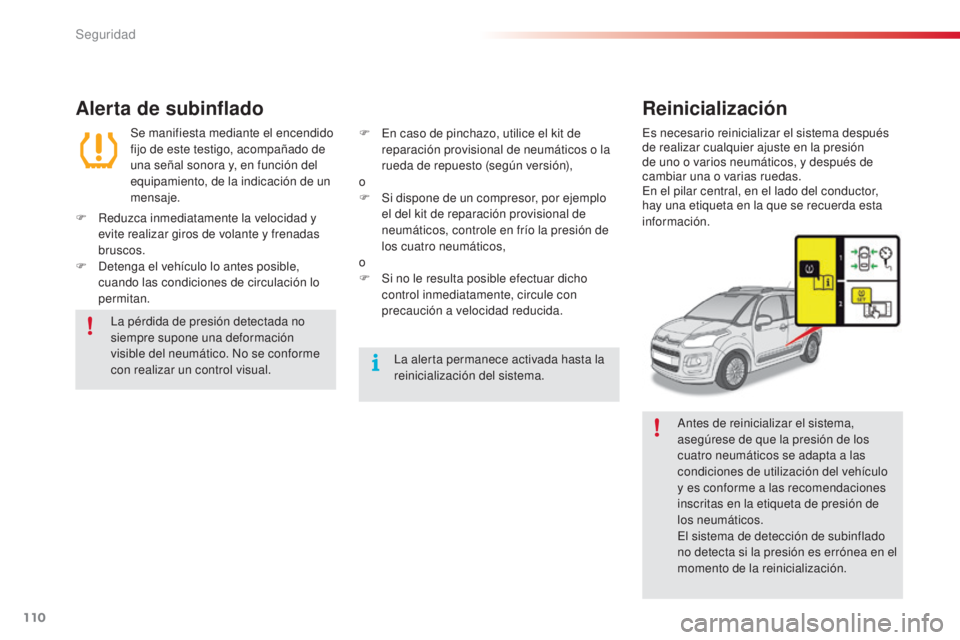 CITROEN C3 PICASSO 2015 Manuales de Empleo (in Spanish) 110
C3Picasso_es_Chap08_securite_ed01-2014
Alerta de subinflado
Se manifiesta mediante el encendido
fijo de este testigo, acompañado de
una señal sonora y, en función del
equipamiento, de la ind CITROEN C3 PICASSO 2015 Manuales de Empleo (in Spanish) 110
C3Picasso_es_Chap08_securite_ed01-2014
Alerta de subinflado
Se manifiesta mediante el encendido
fijo de este testigo, acompañado de
una señal sonora y, en función del
equipamiento, de la ind