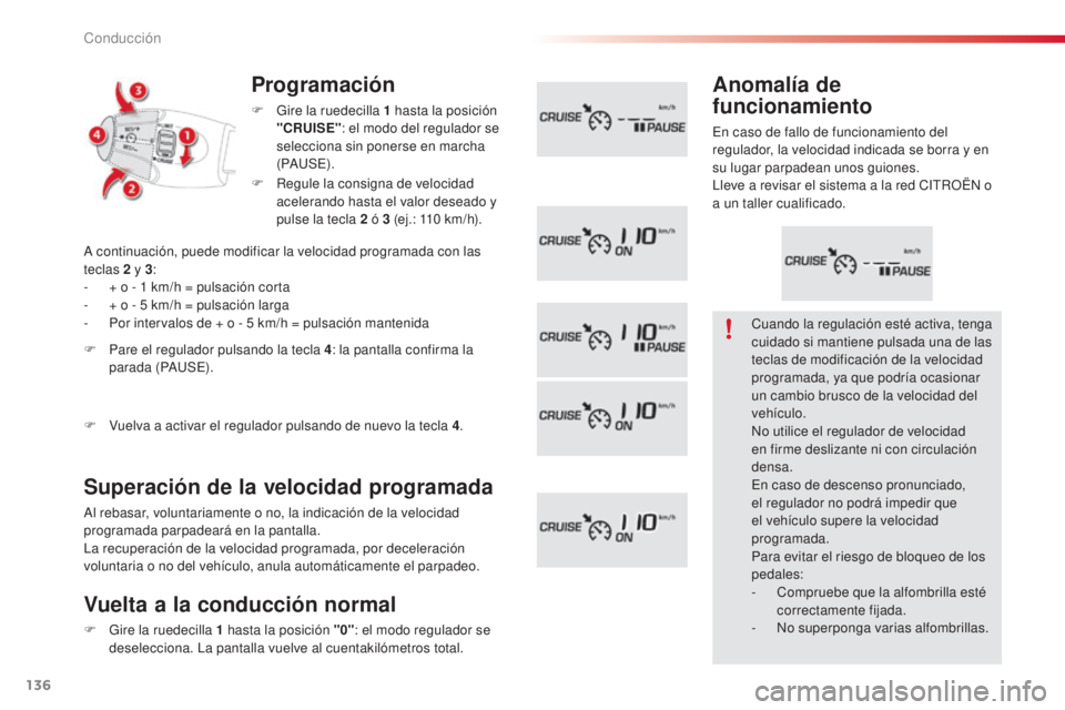 CITROEN C3 PICASSO 2015 Manuales de Empleo (in Spanish) 136
C3Picasso_es_Chap09_conduite_ed01-2014
Programación
F Gire la ruedecilla 1 hasta la posición "CRUISE" : el modo del regulador se
selecciona sin ponerse en marcha
(P
au
Se)
.
Superaci CITROEN C3 PICASSO 2015 Manuales de Empleo (in Spanish) 136
C3Picasso_es_Chap09_conduite_ed01-2014
Programación
F Gire la ruedecilla 1 hasta la posición "CRUISE" : el modo del regulador se
selecciona sin ponerse en marcha
(P
au
Se)
.
Superaci