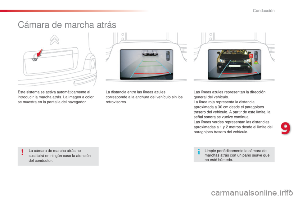 CITROEN C3 PICASSO 2015  Manuales de Empleo (in Spanish) 139
C3Picasso_es_Chap09_conduite_ed01-2014
Cámara de marcha atrás
este sistema se activa automáticamente al 
introducir la marcha atrás. la i magen a color 
se muestra en la pantalla del navegador