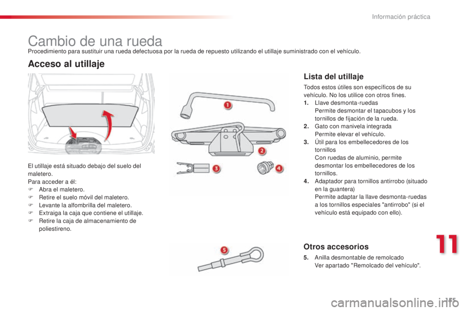 CITROEN C3 PICASSO 2015 Manuales de Empleo (in Spanish) 155
C3Picasso_es_Chap11_informations-pratiques_ed01-2014
Cambio de una rueda
el utillaje está situado debajo del suelo del
maletero.
Para acceder a él:
F a
br
a el maletero.
F
R
etire el suelo CITROEN C3 PICASSO 2015 Manuales de Empleo (in Spanish) 155
C3Picasso_es_Chap11_informations-pratiques_ed01-2014
Cambio de una rueda
el utillaje está situado debajo del suelo del
maletero.
Para acceder a él:
F a
br
a el maletero.
F
R
etire el suelo