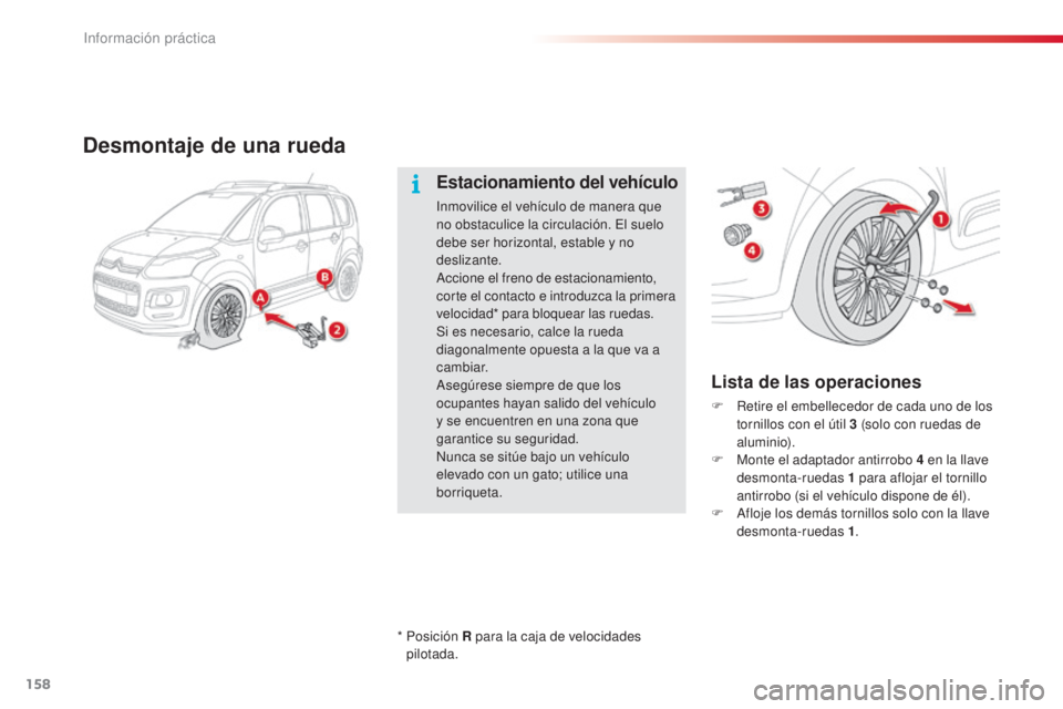CITROEN C3 PICASSO 2015 Manuales de Empleo (in Spanish) 158
C3Picasso_es_Chap11_informations-pratiques_ed01-2014
Desmontaje de una rueda
Lista de las operaciones
F Retire el embellecedor de cada uno de los tornillos con el útil 3 (solo con ruedas de
alum CITROEN C3 PICASSO 2015 Manuales de Empleo (in Spanish) 158
C3Picasso_es_Chap11_informations-pratiques_ed01-2014
Desmontaje de una rueda
Lista de las operaciones
F Retire el embellecedor de cada uno de los tornillos con el útil 3 (solo con ruedas de
alum