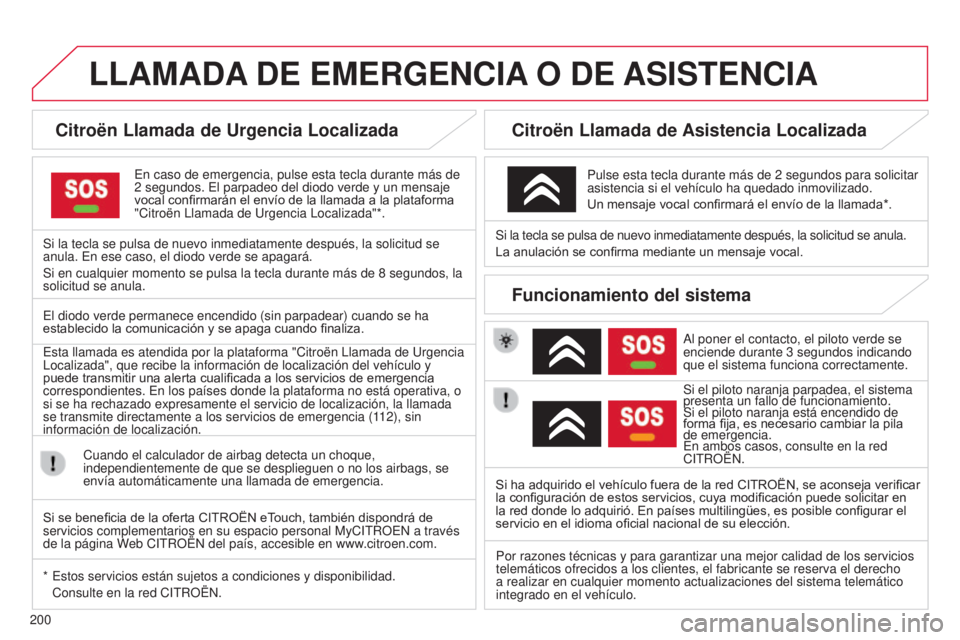 CITROEN C3 PICASSO 2015 Manuales de Empleo (in Spanish) 200
LLAMADA DE EMERGENCIA O DE ASISTENCIA
Citroën Llamada de Urgencia Localizada
en caso de emergencia, pulse esta tecla durante más de
2 segundos. e l parpadeo del diodo verde y un mensaje CITROEN C3 PICASSO 2015 Manuales de Empleo (in Spanish) 200
LLAMADA DE EMERGENCIA O DE ASISTENCIA
Citroën Llamada de Urgencia Localizada
en caso de emergencia, pulse esta tecla durante más de
2 segundos. e l parpadeo del diodo verde y un mensaje
