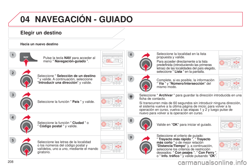 CITROEN C3 PICASSO 2015 Manuales de Empleo (in Spanish) 04
208
C3Picasso_es_Chap13b_Rt6-2-8_ed01-2014
Pulse la tecla N AV para acceder al
menú " Navegación-guiado ".
Hacia un nuevo destino
Elegir un destino
Seleccione "
Selección de un des CITROEN C3 PICASSO 2015 Manuales de Empleo (in Spanish) 04
208
C3Picasso_es_Chap13b_Rt6-2-8_ed01-2014
Pulse la tecla N AV para acceder al
menú " Navegación-guiado ".
Hacia un nuevo destino
Elegir un destino
Seleccione "
Selección de un des