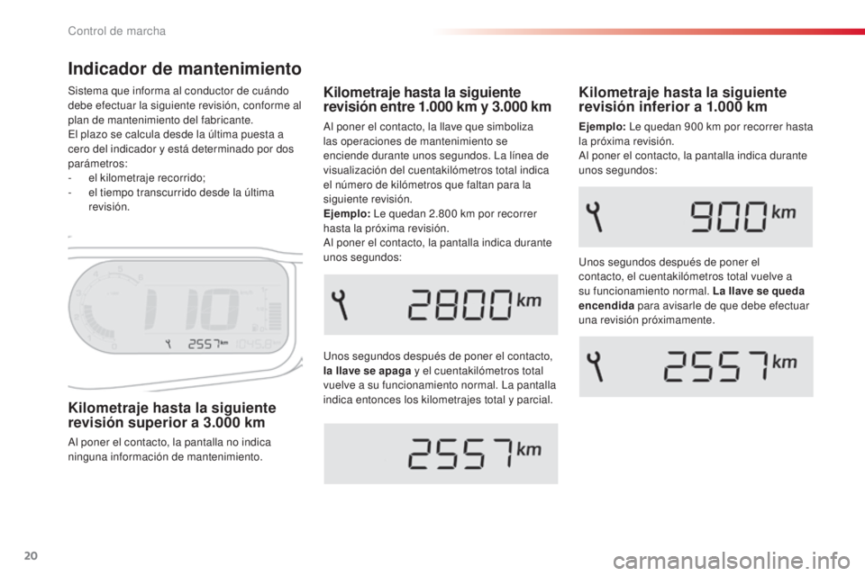 CITROEN C3 PICASSO 2015  Manuales de Empleo (in Spanish) 20
C3Picasso_es_Chap01_controle-de-marche_ed01-2014
Indicador de mantenimiento
unos segundos después de poner el contacto, 
la llave se apaga y el cuentakilómetros total 
vuelve a su funcionamiento 