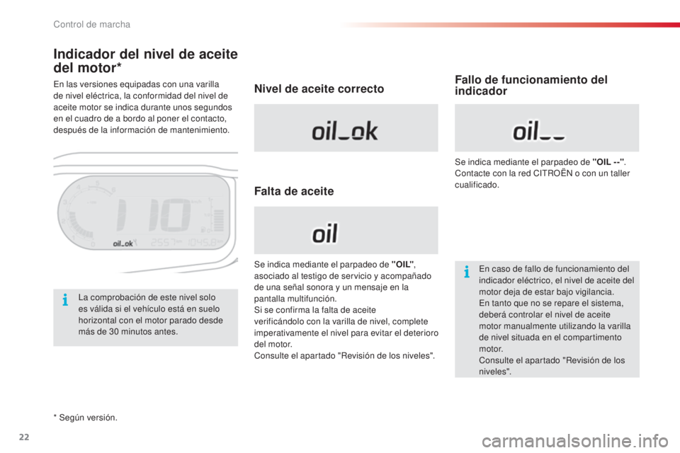 CITROEN C3 PICASSO 2015  Manuales de Empleo (in Spanish) 22
C3Picasso_es_Chap01_controle-de-marche_ed01-2014
Indicador del nivel de aceite 
del motor*
Nivel de aceite correcto
Falta de aceiteFallo de funcionamiento del 
indicador
en caso de fallo de funcion
