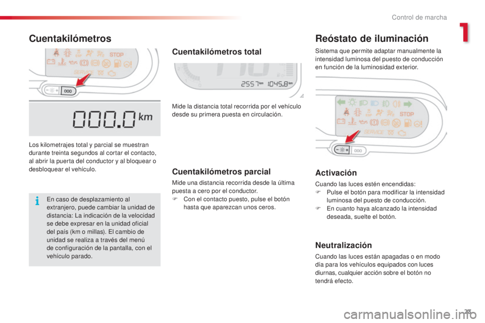 CITROEN C3 PICASSO 2015  Manuales de Empleo (in Spanish) 23
C3Picasso_es_Chap01_controle-de-marche_ed01-2014
CuentakilómetrosReóstato de iluminación
los kilometrajes total y parcial se muestran 
durante treinta segundos al cortar el contacto, 
al abrir l