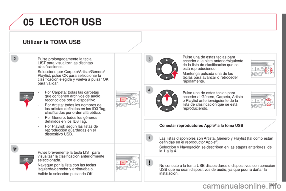 CITROEN C3 PICASSO 2015 Manuales de Empleo (in Spanish) 05
263
C3Picasso_es_Chap13c_Rd45_ed01_2014
Utilizar la TOMA USB
Pulse brevemente la tecla liSt para
visualizar la clasificación anteriormente
seleccionada.
n
avegue por la lista con las teclas
iz CITROEN C3 PICASSO 2015 Manuales de Empleo (in Spanish) 05
263
C3Picasso_es_Chap13c_Rd45_ed01_2014
Utilizar la TOMA USB
Pulse brevemente la tecla liSt para
visualizar la clasificación anteriormente
seleccionada.
n
avegue por la lista con las teclas
iz