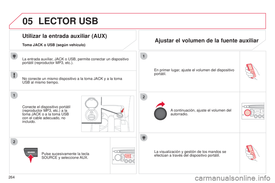 CITROEN C3 PICASSO 2015  Manuales de Empleo (in Spanish) 05
264
C3Picasso_es_Chap13c_Rd45_ed01_2014
la visualización y gestión de los mandos se 
efectúan a través del dispositivo portátil.
e
 n primer lugar, ajuste el volumen del dispositivo 
portátil