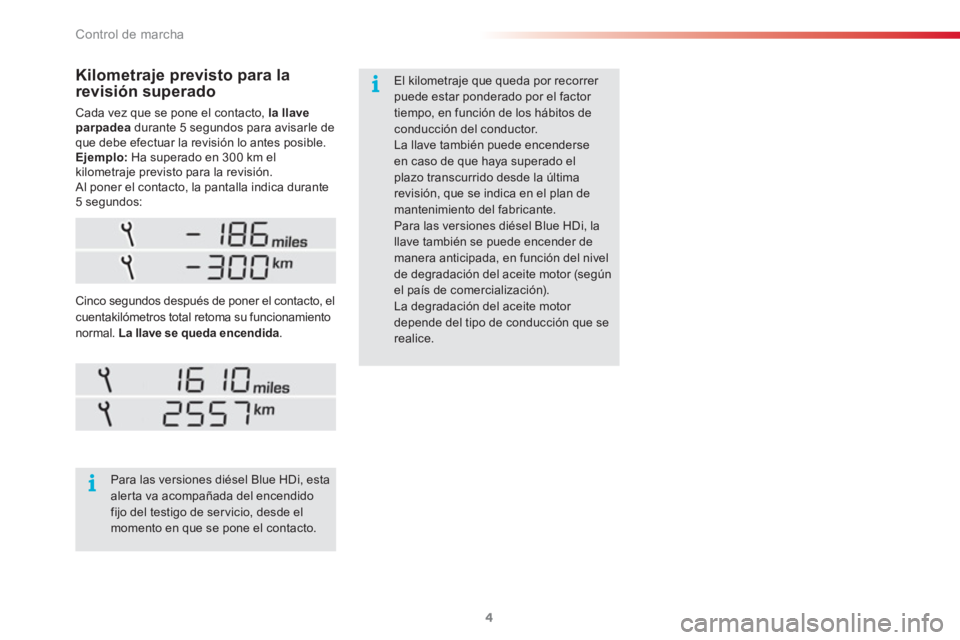 CITROEN C3 PICASSO 2015 Manuales de Empleo (in Spanish) Control de marcha
4
Cada vez que se pone el contacto, la llave
parpadea
durante 5 segundos para avisarle de
que debe efectuar la revisión lo antes posible.
Ejemplo:
Ha superado en 300 k CITROEN C3 PICASSO 2015 Manuales de Empleo (in Spanish) Control de marcha
4
Cada vez que se pone el contacto, la llave
parpadea
durante 5 segundos para avisarle de
que debe efectuar la revisión lo antes posible.
Ejemplo:
Ha superado en 300 k