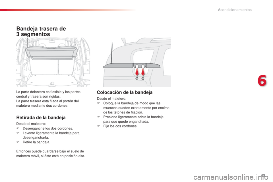 CITROEN C3 PICASSO 2015  Manuales de Empleo (in Spanish) 93
C3Picasso_es_Chap06_amenagement_ed01-2014
Bandeja trasera de 
3
 
segmentos
la parte delantera es flexible y las partes 
central y trasera son rígidas.
la p

arte trasera está fijada al portón d