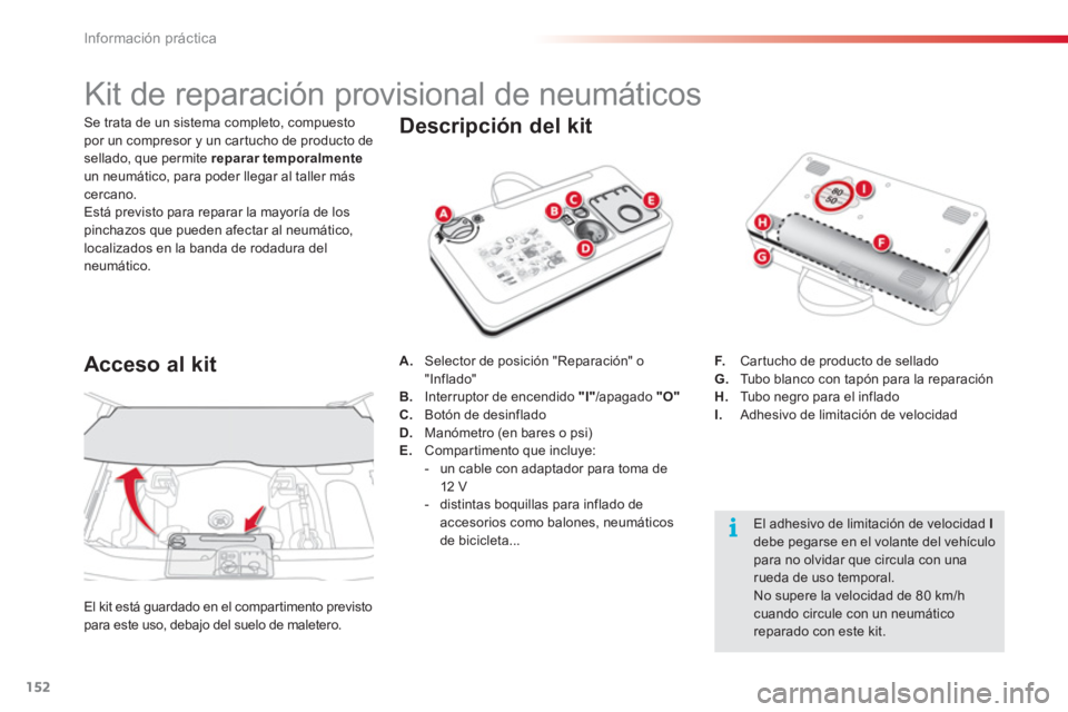 CITROEN C3 PICASSO 2014  Manuales de Empleo (in Spanish) Información práctica
152
   
 
 
 
 
 
 
 
 
 
 
 
 
 
 
 
 
Kit de reparación provisional de neumáticos 
 
 
Descripción del kit 
A. 
  Selector de posición "Reparación" o"Inflado"
B.   Interr