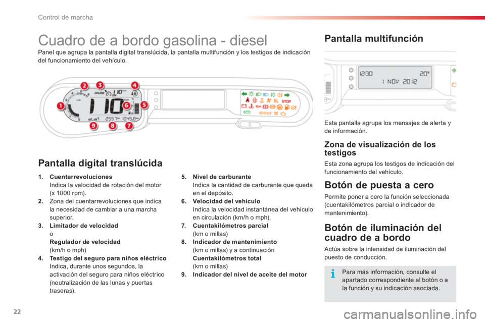 CITROEN C3 PICASSO 2014 Manuales de Empleo (in Spanish) Control de marcha
22
Cuadro de a bordo gasolina - diesel
Panel que agrupa la pantalla digital translúcida, la pantalla multifunción y los testigos de indicación CITROEN C3 PICASSO 2014 Manuales de Empleo (in Spanish) Control de marcha
22
Cuadro de a bordo gasolina - diesel
Panel que agrupa la pantalla digital translúcida, la pantalla multifunción y los testigos de indicación