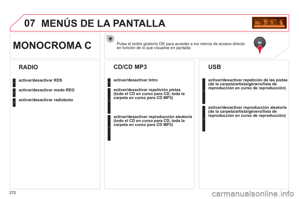 CITROEN C3 PICASSO 2014  Manuales de Empleo (in Spanish) 270
07MENÚS DE LA PANTALLA 
Pulse el botón giratorio OK para acceder a los menús de acceso directo en función de lo que visualice en pantalla:MONOCROMA C 
activar/desactivar RDS
activar/desactivar