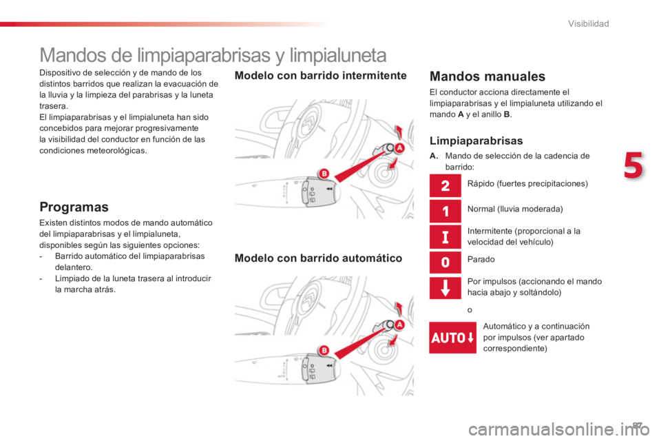 CITROEN C3 PICASSO 2014 Manuales de Empleo (in Spanish) 5
Visibilidad
87
Mandos de limpiaparabrisas y limpialuneta
Mandos manuales
El conductor acciona directamente el limpiaparabrisas y el limpialuneta utilizando el
mando Ay el a CITROEN C3 PICASSO 2014 Manuales de Empleo (in Spanish) 5
Visibilidad
87
Mandos de limpiaparabrisas y limpialuneta
Mandos manuales
El conductor acciona directamente el limpiaparabrisas y el limpialuneta utilizando el
mando Ay el a