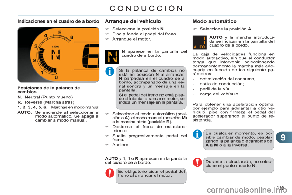 CITROEN C3 PICASSO 2012 Manuales de Empleo (in Spanish) 9
115
CONDUCCIÓN
Indicaciones en el cuadro de a bordo
Posiciones de la palanca de
cambios
N.
Neutral (Punto muerto)
R.
Reverse (Marcha atrás)
1, 2, 3, 4, 5, 6.
Ma CITROEN C3 PICASSO 2012 Manuales de Empleo (in Spanish) 9
115
CONDUCCIÓN
Indicaciones en el cuadro de a bordo
Posiciones de la palanca de
cambios
N.
Neutral (Punto muerto)
R.
Reverse (Marcha atrás)
1, 2, 3, 4, 5, 6.
Ma