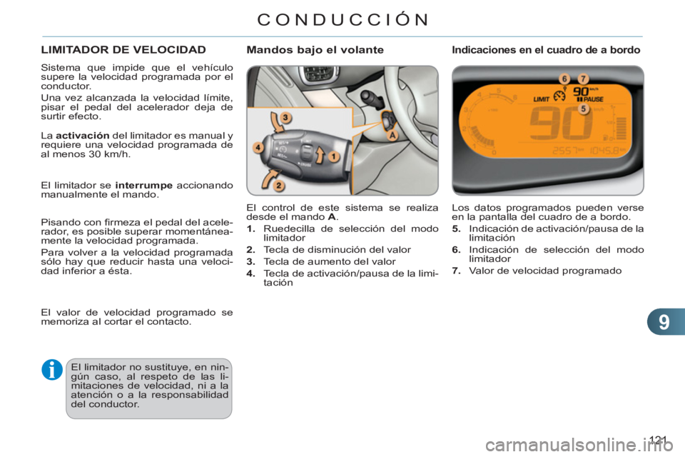 CITROEN C3 PICASSO 2012 Manuales de Empleo (in Spanish) 9
121
CONDUCCIÓN
LIMITADOR DE VELOCIDAD
Sistema que impide que el vehículo
supere la velocidad programada por el
conductor.
Una vez alcanzada la velocidad límite,
pisar el pedal del acelera CITROEN C3 PICASSO 2012 Manuales de Empleo (in Spanish) 9
121
CONDUCCIÓN
LIMITADOR DE VELOCIDAD
Sistema que impide que el vehículo
supere la velocidad programada por el
conductor.
Una vez alcanzada la velocidad límite,
pisar el pedal del acelera