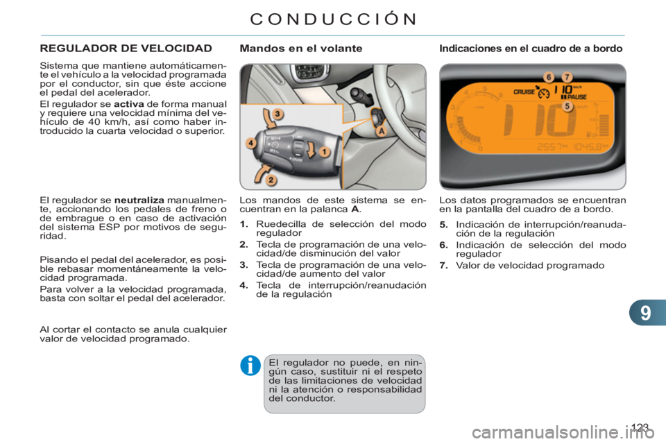 CITROEN C3 PICASSO 2012 Manuales de Empleo (in Spanish) 9
123
CONDUCCIÓN
REGULADOR DE VELOCIDAD
Sistema que mantiene automáticamen-
te el vehículo a la velocidad programada
por el conductor, sin que éste accione
el pedal del acelerador.
El regu CITROEN C3 PICASSO 2012 Manuales de Empleo (in Spanish) 9
123
CONDUCCIÓN
REGULADOR DE VELOCIDAD
Sistema que mantiene automáticamen-
te el vehículo a la velocidad programada
por el conductor, sin que éste accione
el pedal del acelerador.
El regu
