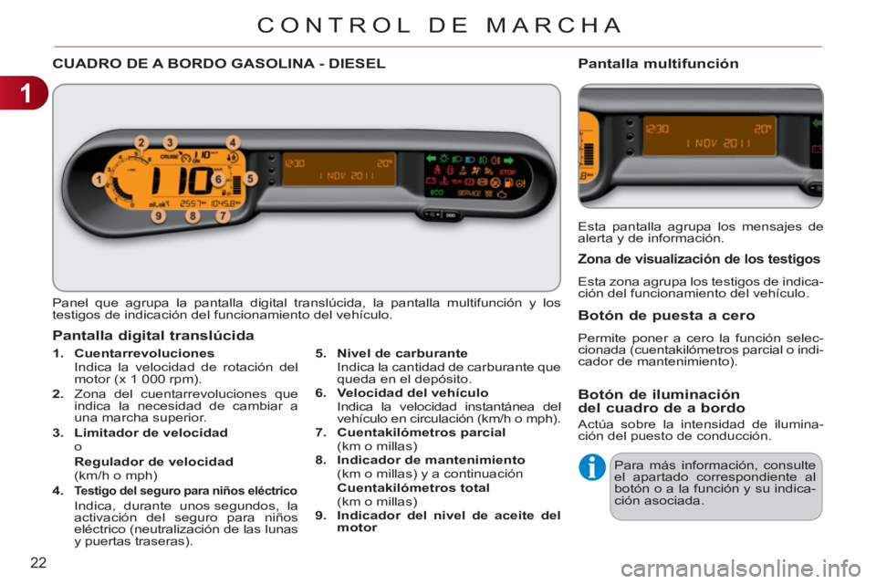 CITROEN C3 PICASSO 2012  Manuales de Empleo (in Spanish) 1
22
CONTROL DE MARCHA
CUADRO DE A BORDO GASOLINA - DIESEL 
  Panel que agrupa la pantalla digital translúcida, la pantalla multifunción y los 
testigos de indicación del funcionamiento del vehícu