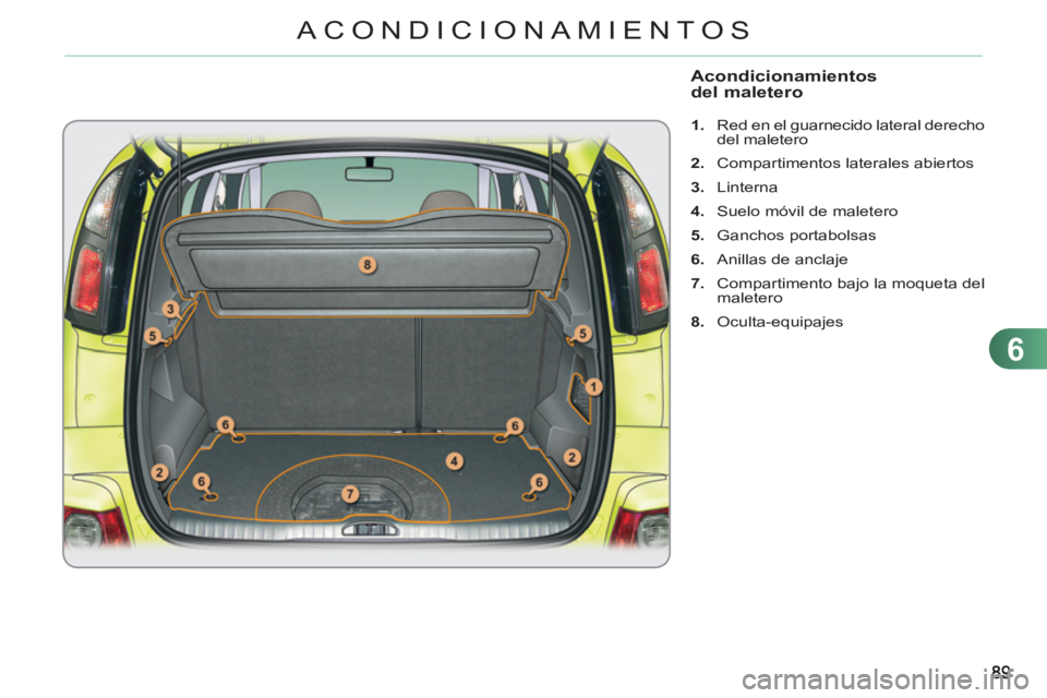 CITROEN C3 PICASSO 2012  Manuales de Empleo (in Spanish) 6
ACONDICIONAMIENTOS
Acondicionamientos
del maletero 
   
 
1. 
  Red en el guarnecido lateral derecho 
del maletero 
   
2. 
  Compartimentos laterales abiertos 
   
3. 
 Linterna 
   
4. 
  Suelo m
