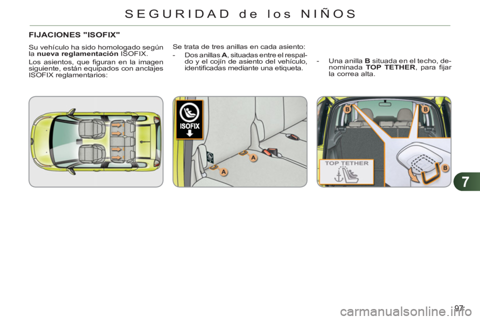 CITROEN C3 PICASSO 2012  Manuales de Empleo (in Spanish) 7
97
SEGURIDAD de los NIÑOS
FIJACIONES "ISOFIX"
  Su vehículo ha sido homologado según 
la  nueva reglamentación  
ISOFIX. 
  Los asientos, que ﬁ guran en la imagen 
siguiente, están equipados 