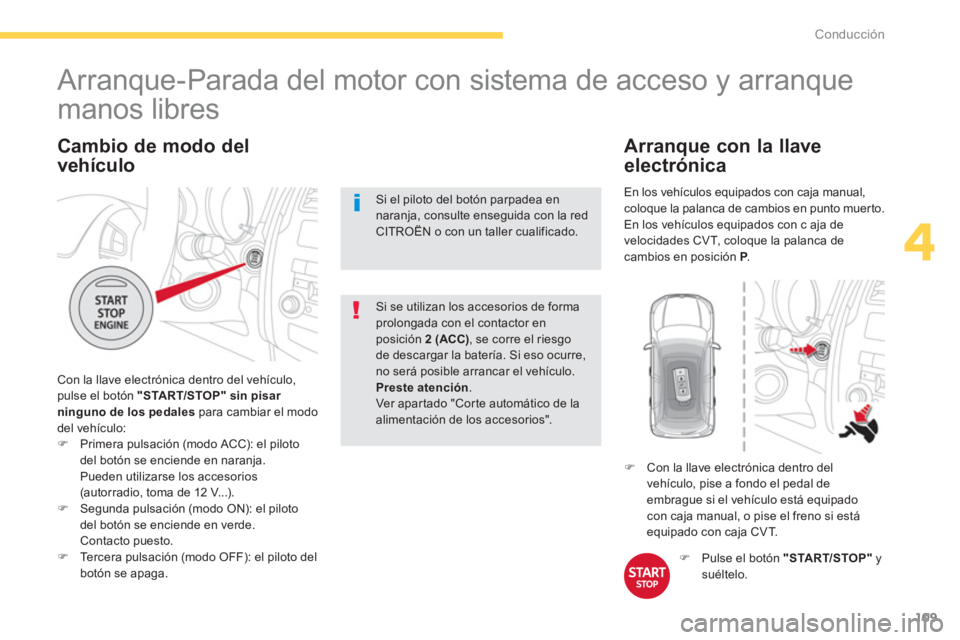 CITROEN C4 AIRCROSS 2014  Manuales de Empleo (in Spanish) 109
4
Conducción
   
Cambio de modo del 
vehículo 
  Con la llave electrónica dentro del vehículo, 
pulse el botón  "START/STOP" 
  sin pisar 
ninguno de los pedales 
 para cambiar el modo 
del v