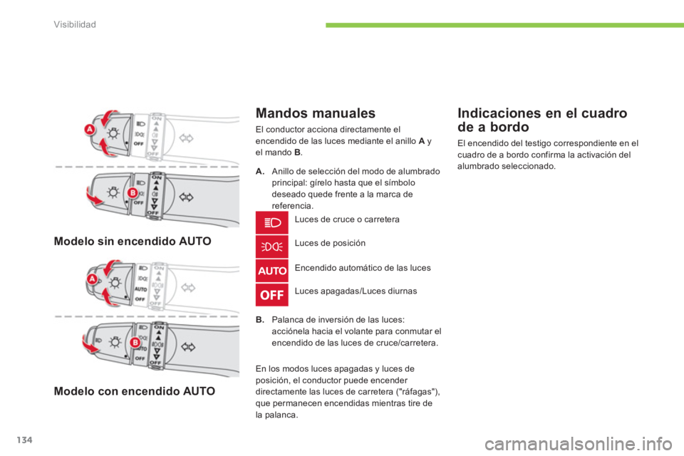 CITROEN C4 AIRCROSS 2014  Manuales de Empleo (in Spanish) 134
Visibilidad
   
 
Modelo sin encendido AUTO  
 
   
 
Modelo con encendido AUTO  
 
 
 
Mandos manuales 
 
El conductor acciona directamente el 
encendido de las luces mediante el anillo  A 
 y 
e