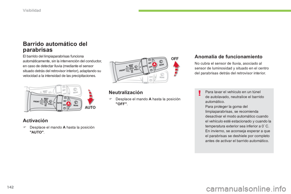 CITROEN C4 AIRCROSS 2014  Manuales de Empleo (in Spanish) 142
Visibilidad
   
 
 
 
 
 
 
 
 
 
 
 
Barrido automático del 
parabrisas 
   
Anomalía de funcionamiento 
 
No cubra el sensor de lluvia, asociado al 
sensor de luminosidad y situado en el centr