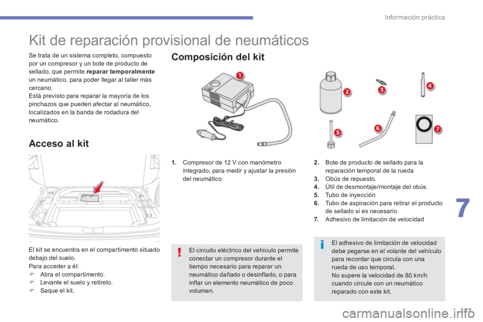 CITROEN C4 AIRCROSS 2014 Manuales de Empleo (in Spanish) 177
7
Información práctica
El kit se encuentra en el compartimento situado
debajo del suelo. Se trata de un sistema completo, compuesto
por un compresor y un bote de producto de
sellado, que CITROEN C4 AIRCROSS 2014 Manuales de Empleo (in Spanish) 177
7
Información práctica
El kit se encuentra en el compartimento situado
debajo del suelo. Se trata de un sistema completo, compuesto
por un compresor y un bote de producto de
sellado, que