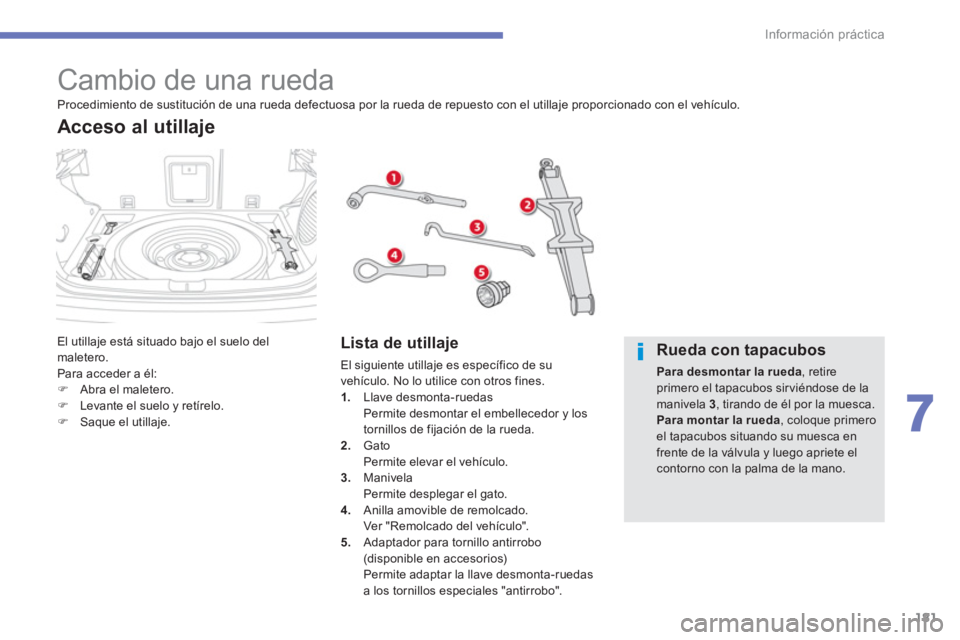 CITROEN C4 AIRCROSS 2014  Manuales de Empleo (in Spanish) 181
7
Información práctica
   
 
 
 
 
 
 
 
 
 
 
 
 
 
 
 
 
 
 
 
 
 
 
Cambio de una rueda 
 
El utillaje está situado bajo el suelo del 
maletero. 
  Para acceder a él: 
   
 
�) 
  Abra el m