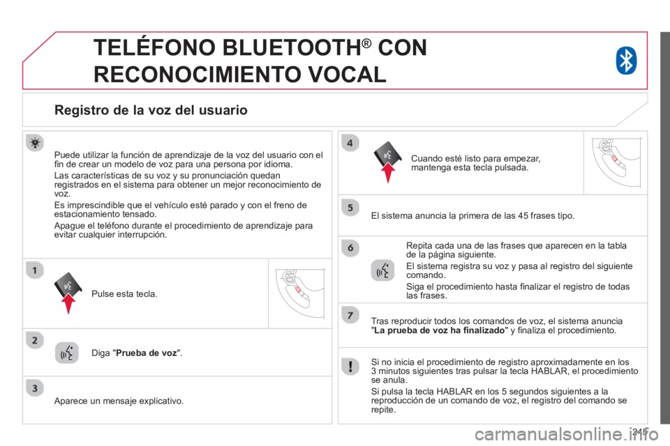 CITROEN C4 AIRCROSS 2014 Manuales de Empleo (in Spanish) 245
TELÉFONO BLUETOOTH ®
CON
RECONOCIMIENTO VOCAL
Registro de la voz del usuario
Puede utilizar la función de aprendizaje de la voz del usuario con el
fi n de CITROEN C4 AIRCROSS 2014 Manuales de Empleo (in Spanish) 245
TELÉFONO BLUETOOTH ®
CON
RECONOCIMIENTO VOCAL
Registro de la voz del usuario
Puede utilizar la función de aprendizaje de la voz del usuario con el
fi n de