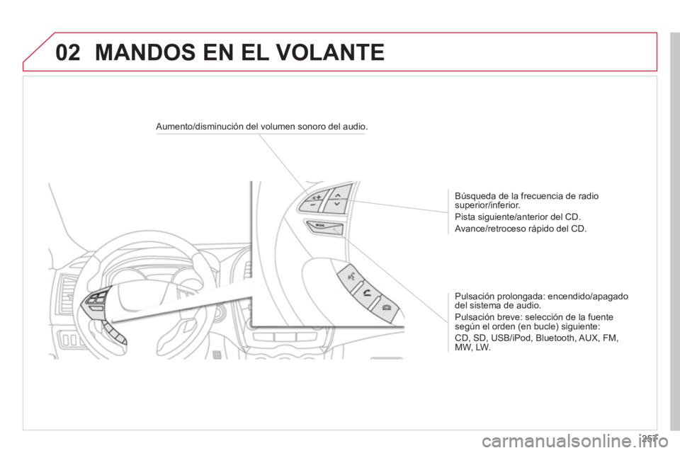 CITROEN C4 AIRCROSS 2014  Manuales de Empleo (in Spanish) 257
02
   
 
 
 
 
 
 
Aumento/disminución del volumen sonoro del audio.  
   
Búsqueda de la frecuencia de radio 
superior/inferior. 
  Pista siguiente/anterior del CD. 
  Avance/retroceso rápido 