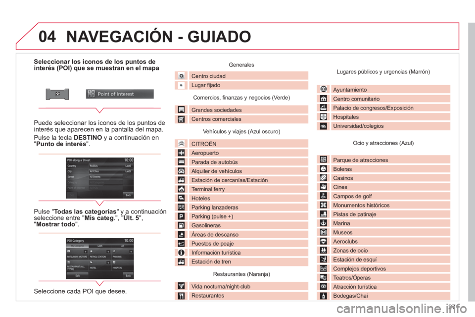 CITROEN C4 AIRCROSS 2014  Manuales de Empleo (in Spanish) 271
04
   
 
 
 
 
 
 
 
 
 
 
 
 
 
 
 
 
 
 
 
 
 
Seleccionar los iconos de los puntos de 
interés (POI) que se muestran en el mapa  
   
Puede seleccionar los iconos de los puntos de 
interés qu