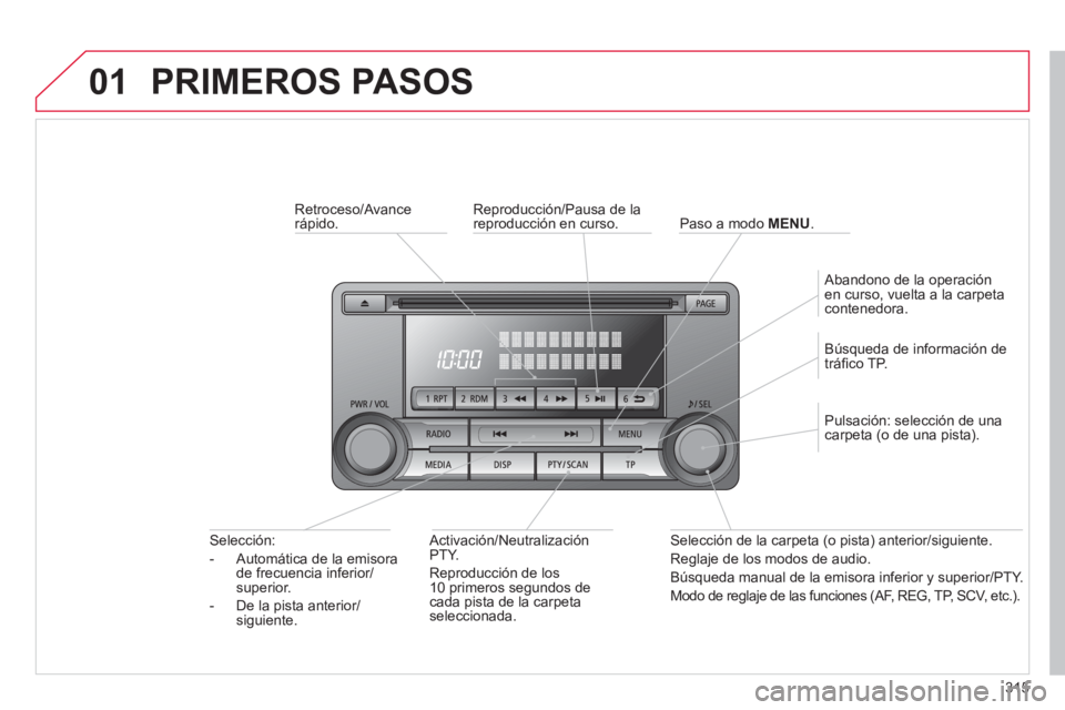 CITROEN C4 AIRCROSS 2014  Manuales de Empleo (in Spanish) 315
01  PRIMEROS PASOS 
 
 
Retroceso/Avance 
rápido.  
   
Activación/Neutralización 
PTY. 
  Reproducción de los 
10 primeros segundos de 
cada pista de la carpeta 
seleccionada.      
Selecció
