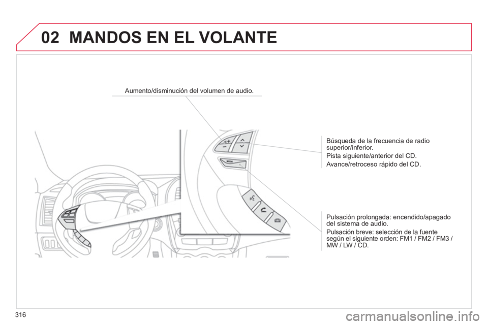 CITROEN C4 AIRCROSS 2014  Manuales de Empleo (in Spanish) 316
02  MANDOS EN EL VOLANTE 
 
 
 
 
 
 
 
 
Aumento/disminución del volumen de audio.  
   
Búsqueda de la frecuencia de radio 
superior/inferior. 
  Pista siguiente/anterior del CD. 
  Avance/ret