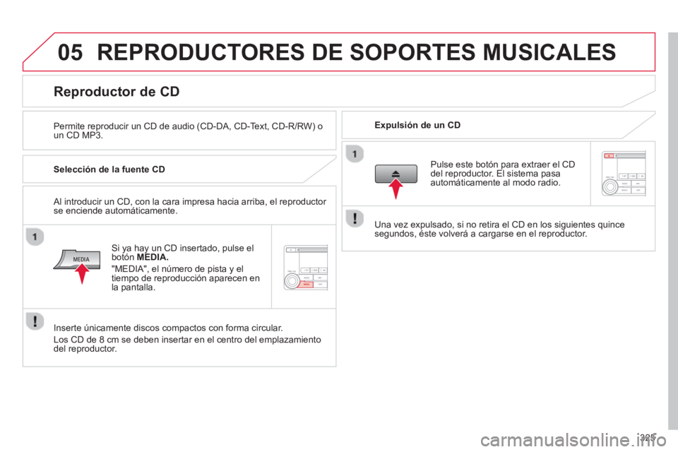 CITROEN C4 AIRCROSS 2014  Manuales de Empleo (in Spanish) 325
05  REPRODUCTORES DE SOPORTES MUSICALES 
 
 
Permite reproducir un CD de audio (CD-DA, CD-Text, CD-R/RW) o 
un CD MP3.     
Expulsión de un CD  
 
 
 
 
 
 
 
 
 
 
 
 
 
 
 
 
Reproductor de CD 