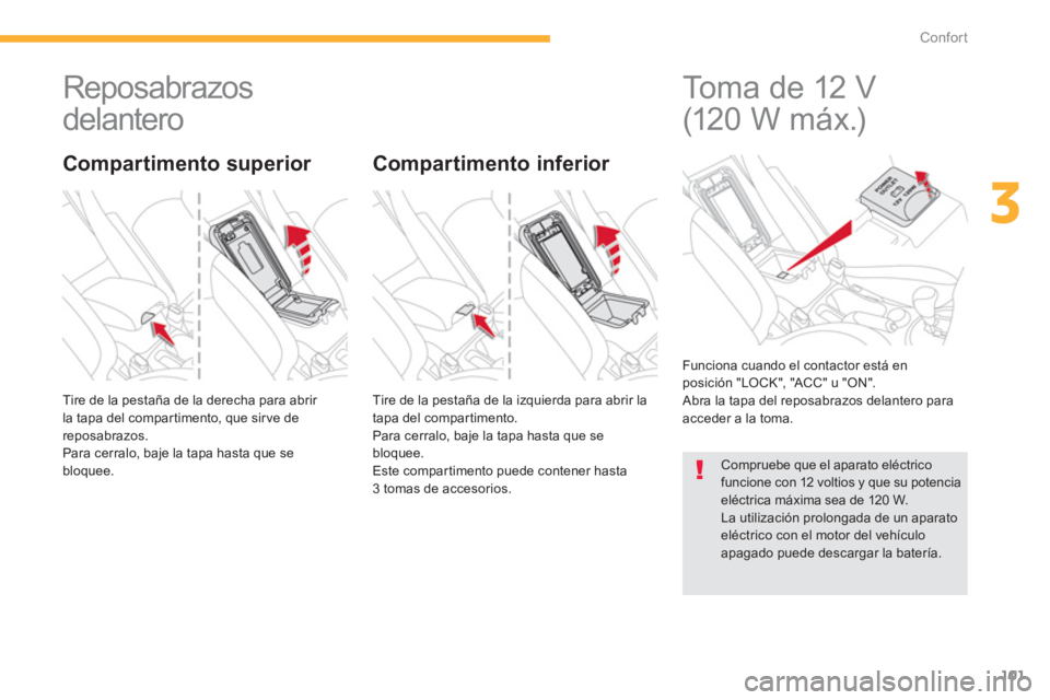 CITROEN C4 AIRCROSS 2013  Manuales de Empleo (in Spanish) 101
3
Confort
   
 
 
 
 
Reposabrazos 
delantero 
  Tire de la pestaña de la derecha para abrir 
la tapa del compartimento, que sir ve de 
reposabrazos. 
  Para cerralo, baje la tapa hasta que se 
b