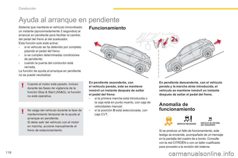 CITROEN C4 AIRCROSS 2013  Manuales de Empleo (in Spanish) 118
Conducción
   
 
 
 
 
Ayuda al arranque en pendiente 
 
Sistema que mantiene el vehículo inmovilizado 
un instante (aproximadamente 2 segundos) al 
arrancar en pendiente para facilitar el cambi