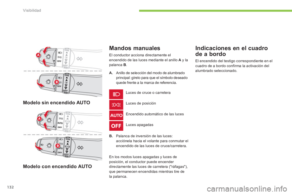 CITROEN C4 AIRCROSS 2013  Manuales de Empleo (in Spanish) 132
Visibilidad
   
 
Modelo sin encendido AUTO  
 
   
 
Modelo con encendido AUTO  
 
 
 
Mandos manuales 
 
El conductor acciona directamente el 
encendido de las luces mediante el anillo  A 
 y la
