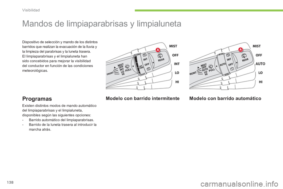 CITROEN C4 AIRCROSS 2013  Manuales de Empleo (in Spanish) 138
Visibilidad
  Dispositivo de selección y mando de los distintos 
barridos que realizan la evacuación de la lluvia y 
la limpieza del parabrisas y la luneta trasera. 
  El limpiaparabrisas y el l