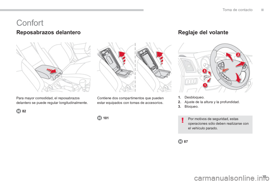CITROEN C4 AIRCROSS 2013  Manuales de Empleo (in Spanish) .
13
To m a  d e  c o n t a c t o
  Confort 
 
 
Reposabrazos delantero 
82
 
 
Reglaje del volante
1. 
 Desbloqueo.2.Ajuste de la altura y la profundidad.3.Bloqueo.   Para ma
yor comodidad, el reposa
