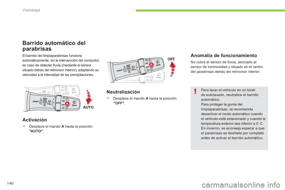 CITROEN C4 AIRCROSS 2013  Manuales de Empleo (in Spanish) 140
Visibilidad
   
 
 
 
 
 
 
 
 
 
 
 
Barrido automático del 
parabrisas 
  El barrido del limpiaparabrisas funciona 
automáticamente, sin la intervención del conductor, 
en caso de detectar ll