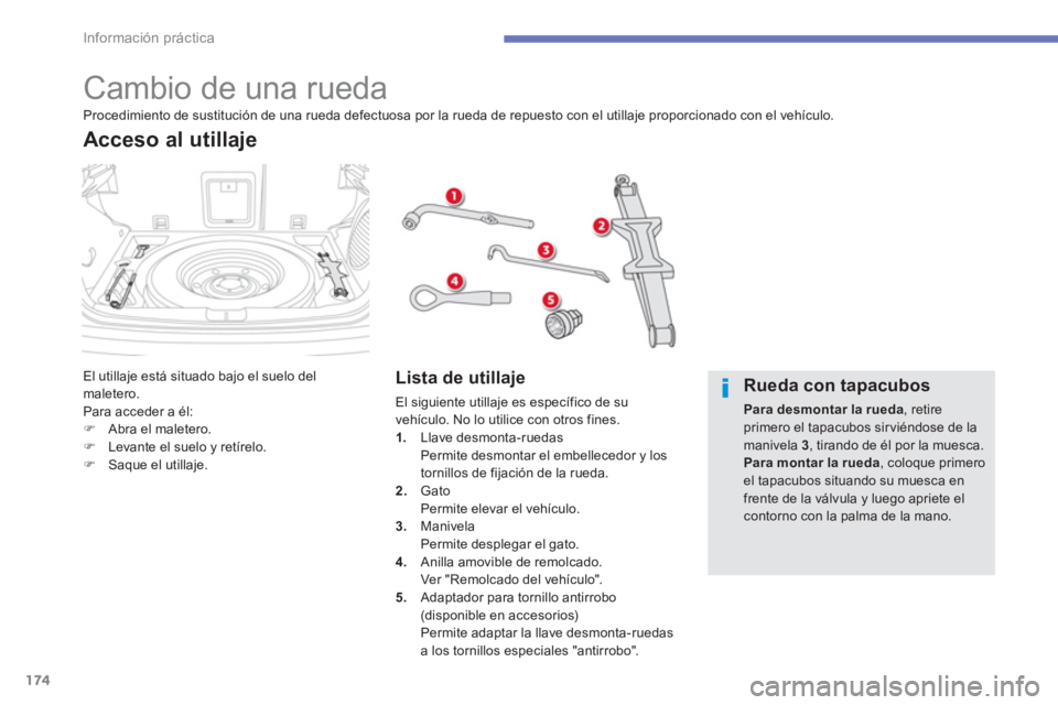 CITROEN C4 AIRCROSS 2013  Manuales de Empleo (in Spanish) 174
Información práctica
   
 
 
 
 
 
 
 
 
 
 
 
 
 
 
 
 
 
 
 
 
 
 
Cambio de una rueda 
 
El utillaje está situado bajo el suelo del 
maletero. 
  Para acceder a él: 
   
 
�) 
  Abra el mal