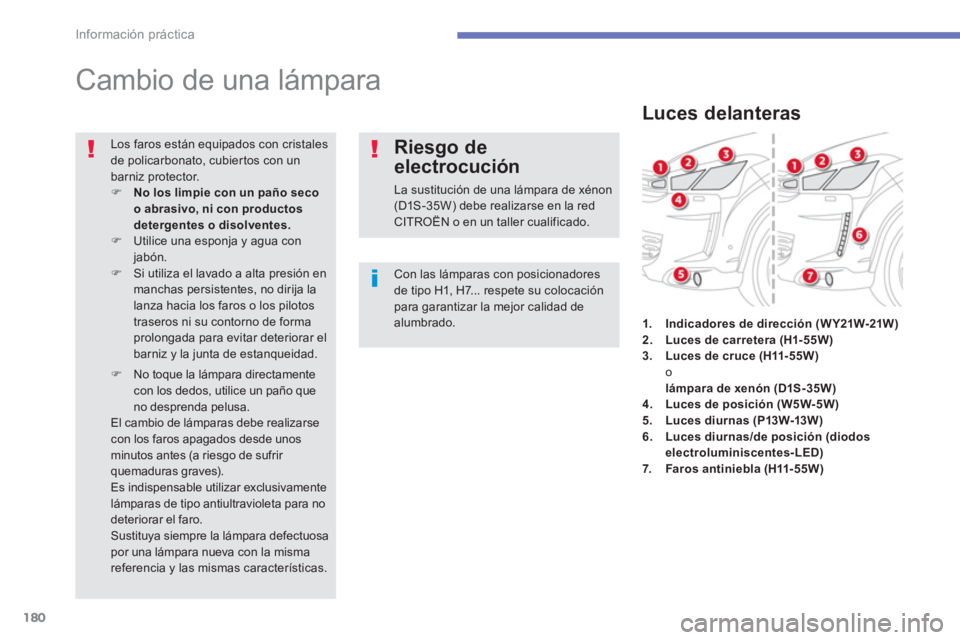 CITROEN C4 AIRCROSS 2013  Manuales de Empleo (in Spanish) 180
Información práctica
   
 
 
 
 
 
 
 
Cambio de una lámpara 
 
 
Con las lámparas con posicionadores 
de tipo H1, H7... respete su colocación 
para garantizar la mejor calidad de 
alumbrado.