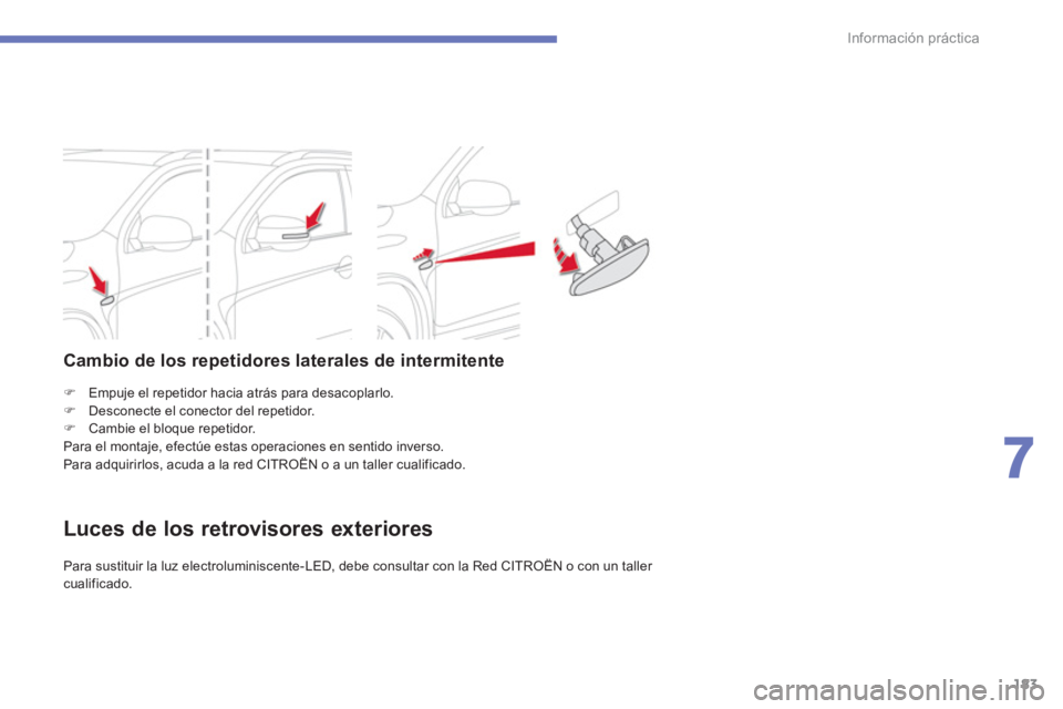 CITROEN C4 AIRCROSS 2013  Manuales de Empleo (in Spanish) 183
7
Información práctica
   
 
�) 
  Empuje el repetidor hacia atrás para desacoplarlo. 
   
�) 
  Desconecte el conector del repetidor. 
   
�) 
  Cambie el bloque repetidor.  
  Para el montaje