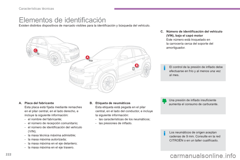 CITROEN C4 AIRCROSS 2013  Manuales de Empleo (in Spanish) 222
Características técnicas
   
 
 
 
 
 
 
 
 
 
 
 
 
 
 
 
 
 
 
 
Elementos de identiﬁ cación Existen distintos dispositivos de marcado visibles para la identificación y búsqueda del vehí