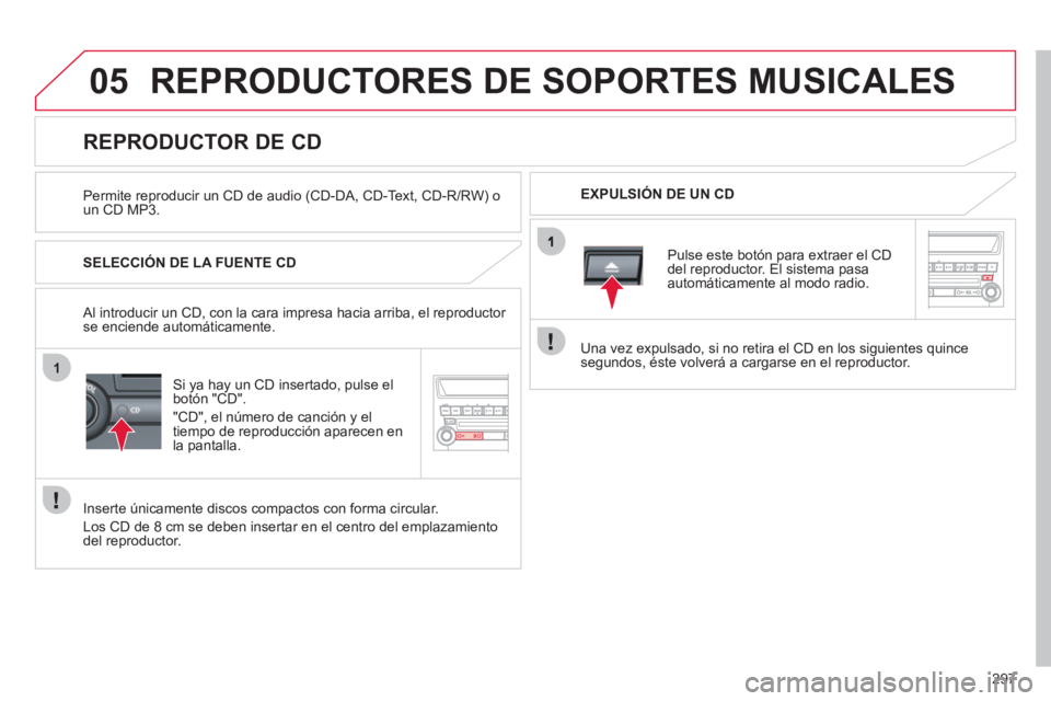 CITROEN C4 AIRCROSS 2013  Manuales de Empleo (in Spanish) 297
05
1
REPRODUCTORES DE SOPORTES MUSICALES
   
Permite reproducir un CD de audio (CD-DA, CD-Text, CD-R/RW) o un CD MP3.   
EXPULSIÓN DE UN CD
 
 
 
 
 
 
 
 
 
 
 
 
 
 
 
 
REPRODUCTOR DE CD 
 
 
